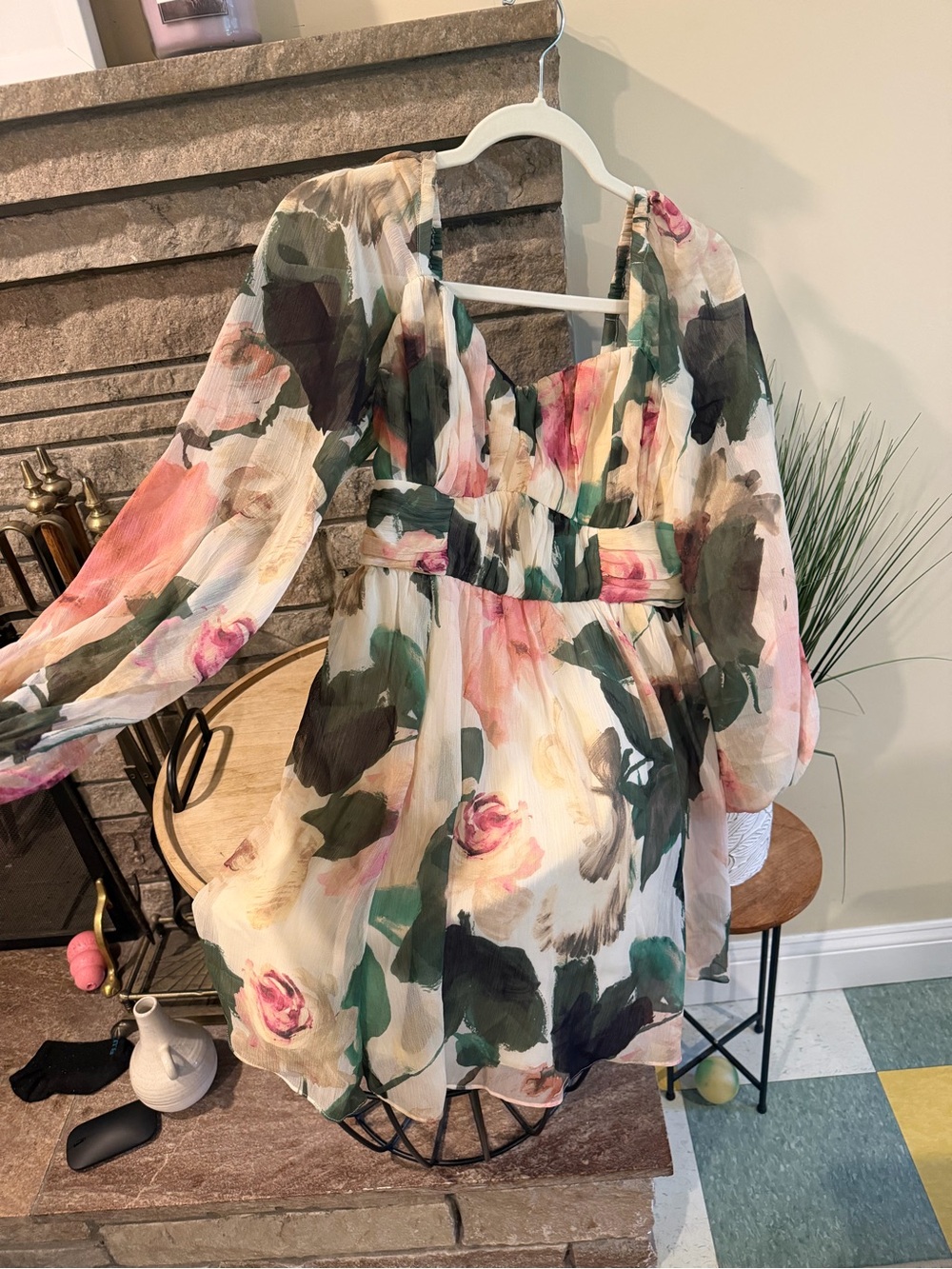 Express Floral Long-Sleeve Mini Dress in Cream, Green and Pink